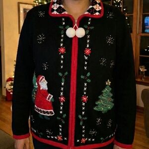 Festive Black Christmas Sweater with Santa and Tree